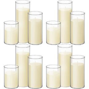 Shihanee Set of 12 Pillar Candles and Glass Cylinder Vases Clear Cylinder Candle Holders for Slim Pillar Candles Wedding Centerpieces (3.4''x 4.7'', 7'', 9.8'',Ivory White)