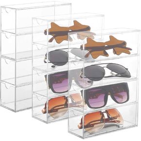 JUSTDOLIFE 3 PCS Clear Sunglasses Organizers, 4 Tiers Clear Plastic Sunglasses Organizer, Transparent Glasses Holder with Drawers, Eyewear Display Case, Storage Container for Watches Jewelry Cosmetics