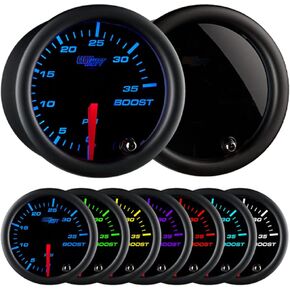 GlowShift Tinted 7 Color 35 PSI Turbo Boost Gauge Kit - Includes Mechanical Hose & Fittings - Black Dial - Smoked Lens - for Car & Truck - 2-1/16" 52mm