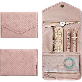 Travel Jewelry Organizer Case, Foldable Storage Bag Roll, Portable Holder with Zipper for Rings Necklaces Earrings Watches Bracelets, Gift Women, Soft Pink