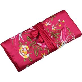 SOFEA Oriental Silk Jewellery Roll Wrap Jewelry Pouch Organizer Travel Storage Case, Hot Pink