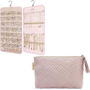 BAGSMART Hanging Jewelry Organizer with Small Cosmetic Bag Storage Roll with Hanger Metal Hooks Double-Sided Jewelry Holder Elegant Roomy Makeup Bags,Great Gifts for Women