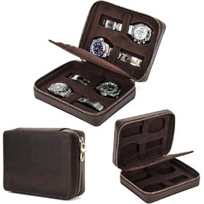 Top Grain Genuine Leather 4-Watches Organizer Box for Man & Woman, Minimalist Design, Handmade, Large Capacity with Button Fastening Straps & Card Slots for Traveling, Dark Coffee, 4 Slots