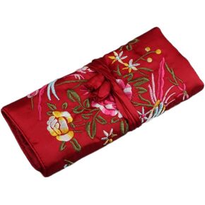 Wei Long Jewelry Roll,Travel Jewelry Roll Bag,Silk Embroidery Brocade Jewelry Organizer Case with Tie Close (Blossom,Hot Pink)