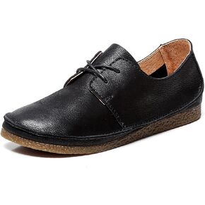 Women's Leather Round Toe Soft Sole Flat Casual Oxford Shoes Retro Soft Foldable Sole Non-Slip Lightweight Business Driving Work Barefoot Lace-Up Dress Shoes
