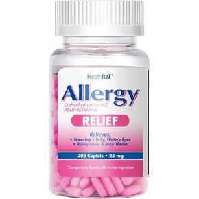 HealthA2Z® Allergy Relief | Diphenhydramine HCL 25mg | Antihistamine | Relief from Itchy Throat, Sneezing, Runny Noses | Indoor & Outdoors Allergies (200 Caplets (Pack of 1))