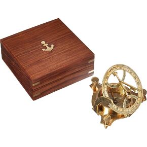 Solid Brass 3" Sundial Compass - W/ Inlaid Hardwood Box