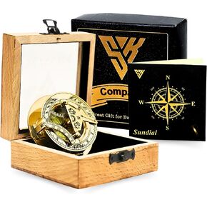 Vintage Sundial Compass -Solid Brass Pocket Sundial with Wooden Box Home Decor Gifts Sun Clock Ship Replica Watch Maritime Decor Gift