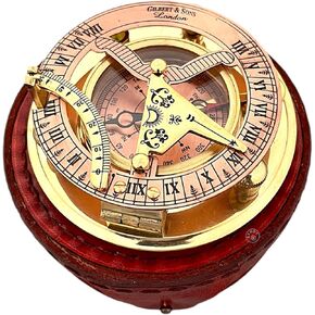 Antique Brass Sundial Compass with Copper Dial in Leather Case, Steampunk, Vintage Compass, Copper Sun Clock in Box Gifts for Anniversary and Special Occasions.