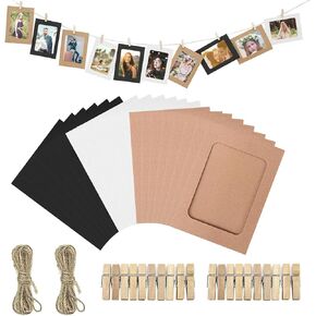 Hanging Photo Display Wall Decor, 2 PCS Boho Wooden Bead Garland Collage with 20 Picture Frame and 20 Wood Clips. 3 Colours Picture Hanger for Home, School Art Holder String or Party Decoration