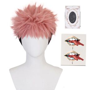 Shancon Anime Yuji Itadori Cosplay Wig and Tattoo Sticker Wig Cap Pink Mixed Black Short Curly Party Hair Halloween Props Accessory for adult