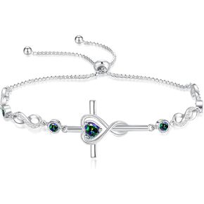 FANCIME Gift for Women Cross Bracelet 925 Sterling Silver Heart Birthstone Bracelet Fine Jewelry Birthday Gifts for Her Women