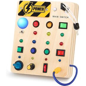 Hikoshi Toddler Busy Board Montessori Switch Toy - Travel Sensory Wooden Baby Busy Board with 13 Led Light Buttons, Busy Board for Toddler 1 2 3 4 5 Year Old