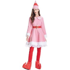 Elf Costume for Women Jovie Dress 5pcs Adult Christmas Outfit Girls Cute Pink Santa Couple Suit Holiday Xmas Party