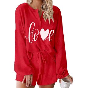 4th of July Women's Ruffle Long Sleeve Henley Tops and Shorts American Flag Pajamas Sets