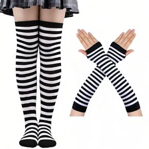 Women's Striped Thigh High Socks Arm Warmer Leg Warmers Fingerless Gloves for Halloween Christmas Party Costume