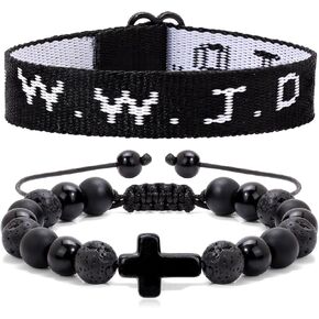 GolbalJew Cross Beaded Bracelets for Men Christian Catholic Adjustable 8mm Obsidian Hematite Lava Rock Beads Bracelet Set Father's Day Birthday Gifts