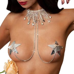 Sexy Bra Body Chain Nipple Pasties with Crystal Choker Reusable Stars Nipple Cover Stickers Tassel Choker Collar Necklace Rave Festival Body Jewelry for Women