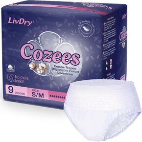 Cozees Disposable Period Underwear for Women, Menstrual and Postpartum High Absorbency, Cotton Covered Comfort, Made in USA (9 Count, Small/Medium)