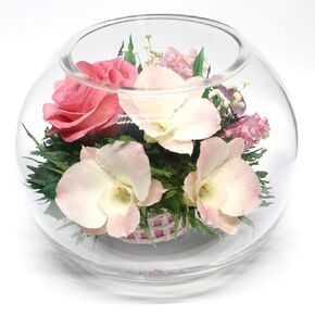 Fiora Flower | Long Lasting Real Roses and Orchids | Lasts up to 5 Years | Anniversary Floral Arrangement | Unique Present Gift (Round vase)