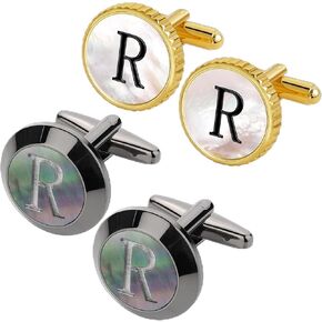 Mother of Pearl Initial Cuff Links Mens + Cuff Links Bundle, Suitable for Wedding Anniversary Business Professional and Best Gift