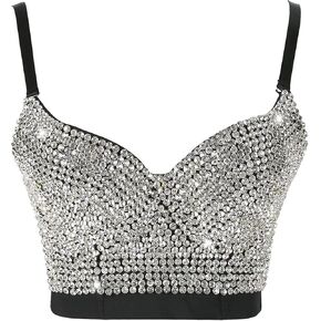Women's Handmade Rhinestone Diamond Push up Bustier Crop Top Sexy Club Party Corset Bra