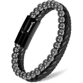 MagnetRX® Hematite & Leather Bracelet – MAX Strength Magnetic Stone Beaded Bracelets for Men (Large)