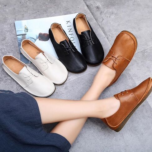 Women's Leather Round Toe Soft Sole Flat Casual Oxford Shoes Retro Soft Foldable Sole Non-Slip Lightweight Business Driving Work Barefoot Lace-Up Dress Shoes in Kuwait