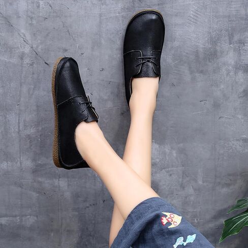 Women's Leather Round Toe Soft Sole Flat Casual Oxford Shoes Retro Soft Foldable Sole Non-Slip Lightweight Business Driving Work Barefoot Lace-Up Dress Shoes in Kuwait