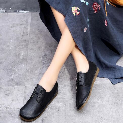 Women's Leather Round Toe Soft Sole Flat Casual Oxford Shoes Retro Soft Foldable Sole Non-Slip Lightweight Business Driving Work Barefoot Lace-Up Dress Shoes in Kuwait