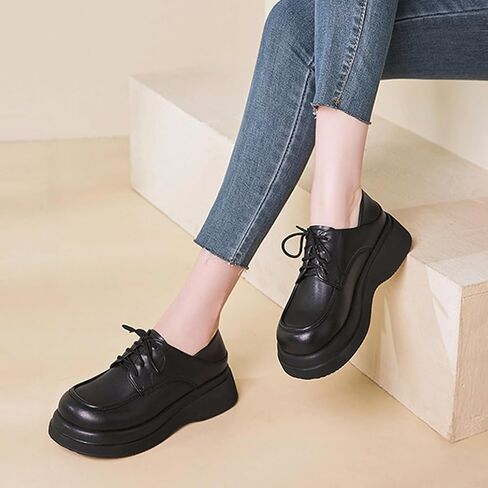 Women's Leather Chunky Platform Oxfords Fashion Wide Round Toe Platform Lace-Up Loafers Dress Shoe for Daily Outdoor Work Casual Walking Shoes in Saudi Arabia