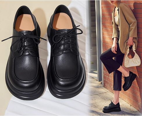 Women's Leather Chunky Platform Oxfords Fashion Wide Round Toe Platform Lace-Up Loafers Dress Shoe for Daily Outdoor Work Casual Walking Shoes in Saudi Arabia