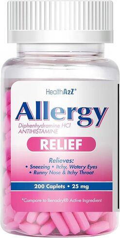 HealthA2Z® Allergy Relief | Diphenhydramine HCL 25mg | Antihistamine | Relief from Itchy Throat, Sneezing, Runny Noses | Indoor & Outdoors Allergies (200 Caplets (Pack of 1)) in Kuwait