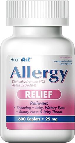 HealthA2Z® Allergy Relief | Diphenhydramine HCL 25mg | Antihistamine | Relief from Itchy Throat, Sneezing, Runny Noses | Indoor & Outdoors Allergies (200 Caplets (Pack of 1)) in Kuwait