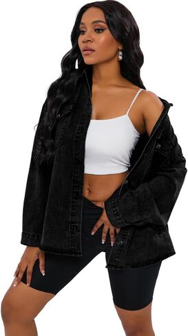 HTD Women's Jean Jacket Button Down Long Sleeve Denim Jackets With Pockets in Saudi Arabia