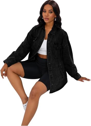 HTD Women's Jean Jacket Button Down Long Sleeve Denim Jackets With Pockets in Saudi Arabia