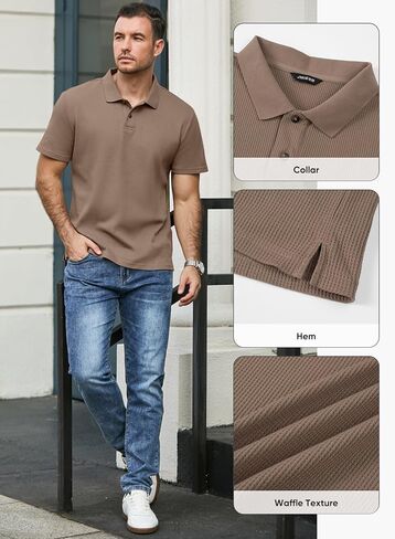 JMIERR Men's Waffle Polo Shirts Summer Casual Short Sleeve T-Shirt Button Up Solid Color Henley Shirts in Kuwait
