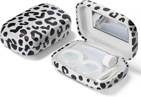 Muf Leopard Contact Lens Case,Portable Contact Lens Travel Kit with Mirror,Container,Tweezer,Contact Lens Solution Bottle,Compact Soak Storage Kit for Travel Outdoors Daily Use,Silver Sparkles in Saudi Arabia