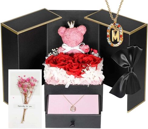 Cute Preserved Real Roses Bear Gift with 18K Gold Plated Initial Necklaces for Women, Mothers Day Birthday Anniversary Christmas Valentines Presents for Mom Girlfriend Wife in Saudi Arabia