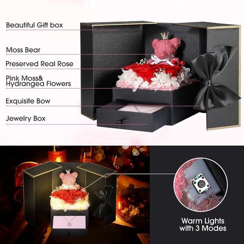Cute Preserved Real Roses Bear Gift with 18K Gold Plated Initial Necklaces for Women, Mothers Day Birthday Anniversary Christmas Valentines Presents for Mom Girlfriend Wife in Saudi Arabia