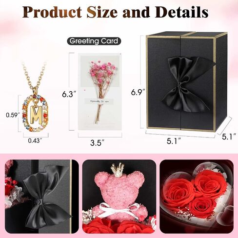Cute Preserved Real Roses Bear Gift with 18K Gold Plated Initial Necklaces for Women, Mothers Day Birthday Anniversary Christmas Valentines Presents for Mom Girlfriend Wife in Saudi Arabia