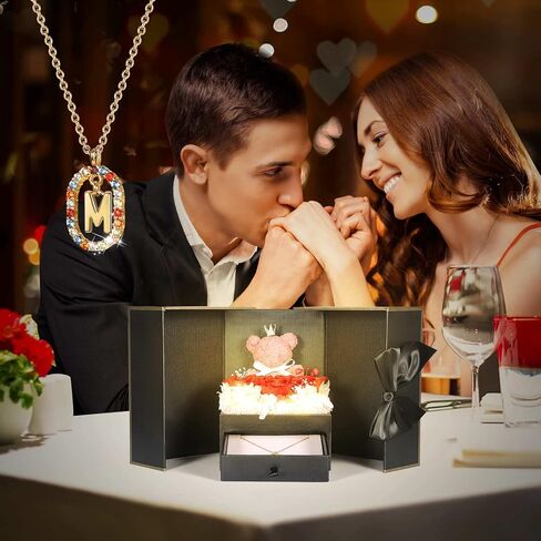Cute Preserved Real Roses Bear Gift with 18K Gold Plated Initial Necklaces for Women, Mothers Day Birthday Anniversary Christmas Valentines Presents for Mom Girlfriend Wife in Saudi Arabia
