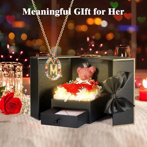 Cute Preserved Real Roses Bear Gift with 18K Gold Plated Initial Necklaces for Women, Mothers Day Birthday Anniversary Christmas Valentines Presents for Mom Girlfriend Wife in Saudi Arabia