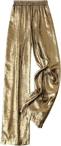 OYOANGLE Women's Metallic High Elastic Waist Straight Leg Pants Casual Party Nightout Clubwear Long Pants in Saudi Arabia