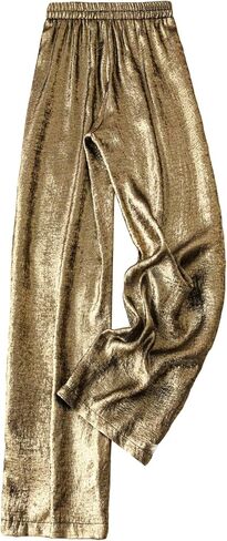 OYOANGLE Women's Metallic High Elastic Waist Straight Leg Pants Casual Party Nightout Clubwear Long Pants in Saudi Arabia