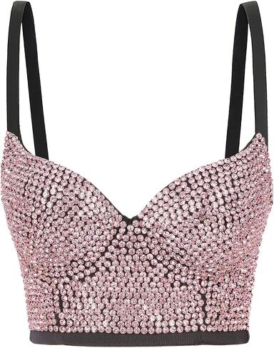 Women's Handmade Rhinestone Diamond Push up Bustier Crop Top Sexy Club Party Corset Bra in Saudi Arabia