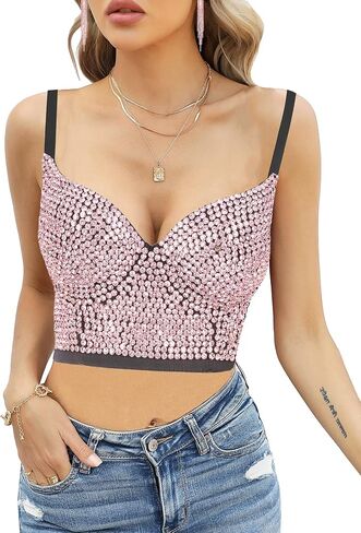 Women's Handmade Rhinestone Diamond Push up Bustier Crop Top Sexy Club Party Corset Bra in Saudi Arabia