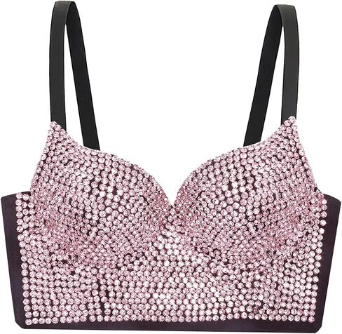 Women's Handmade Rhinestone Diamond Push up Bustier Crop Top Sexy Club Party Corset Bra in Saudi Arabia