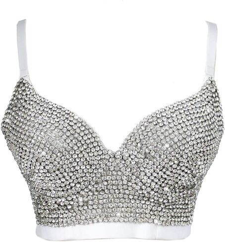 Women's Handmade Rhinestone Diamond Push up Bustier Crop Top Sexy Club Party Corset Bra in Saudi Arabia