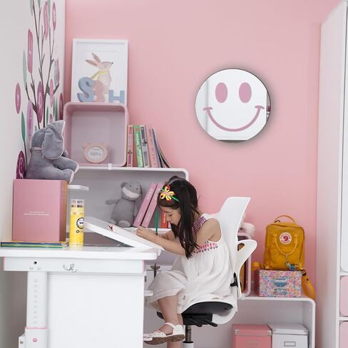 Cute Teenage Girl Room Smiling Face Decorative Mirror Academy Style Smile Pink Room Decoration Aesthetics Mirror Prep Room Decoration 12 inch Fashion Round Bedroom Acrylic Wall Mirror Youth Room in Kuwait